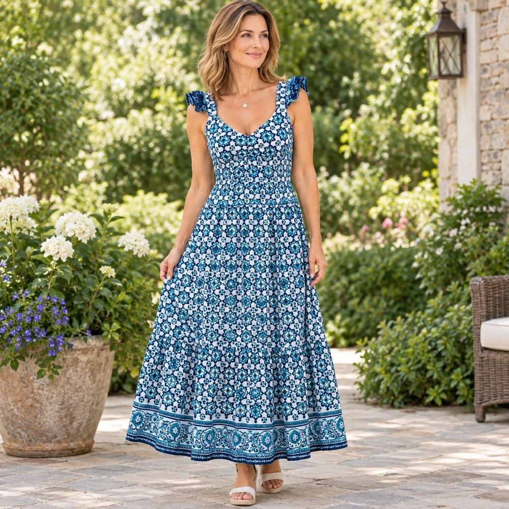 Lucky Brand Blue White Geometric Tile Print Cotton Maxi Dress Ruffle Pockets